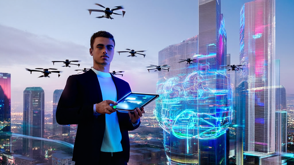 In a futuristic city, a young entrepreneur interacts with the Microsoft and Kimi co-developed Office automation Agent via a smart tablet, showcasing AI-driven customer acquisition solutions for 2025.
