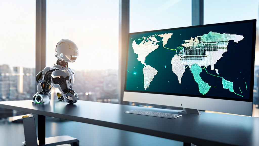 Showcasing AI-driven customer acquisition solutions for cross-border commerce, featuring complex data analysis and global market layout.