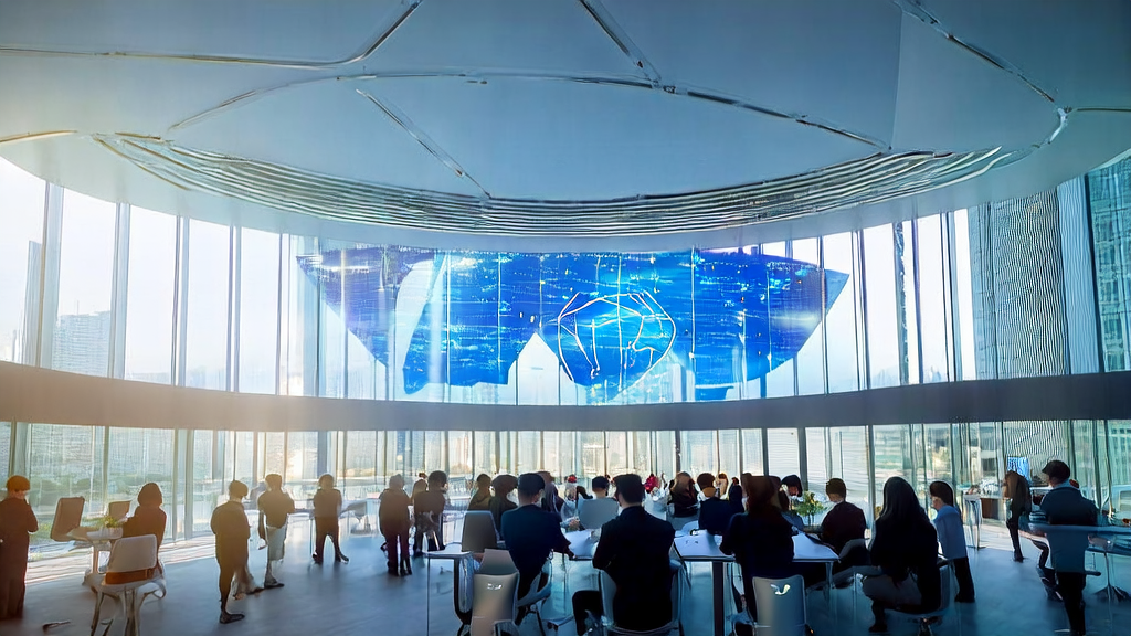 未来科技城市中的现代化办公楼，展示AI驱动的客户获取解决方案和Hume AI语音转换功能