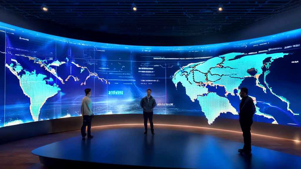 A futuristic office showcasing AI-driven customer acquisition solutions, highlighting breakthroughs in cross-border e-commerce growth