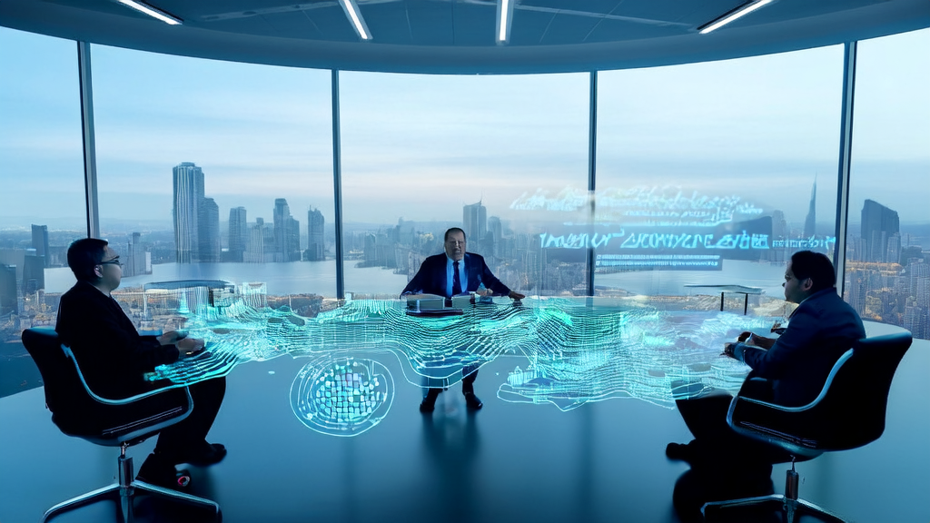 三位专家在现代化办公室中讨论AI驱动的客户获取解决方案，背景是繁华的城市景象，突显跨境贸易的全球视野。