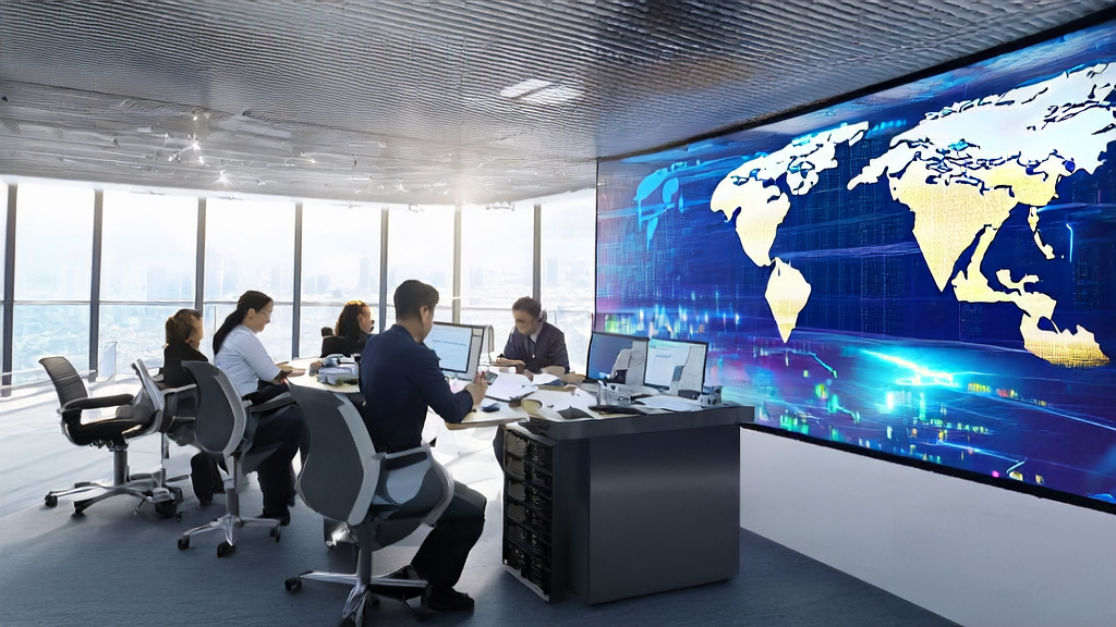 Scene of AI-driven customer acquisition solutions in a modern office environment