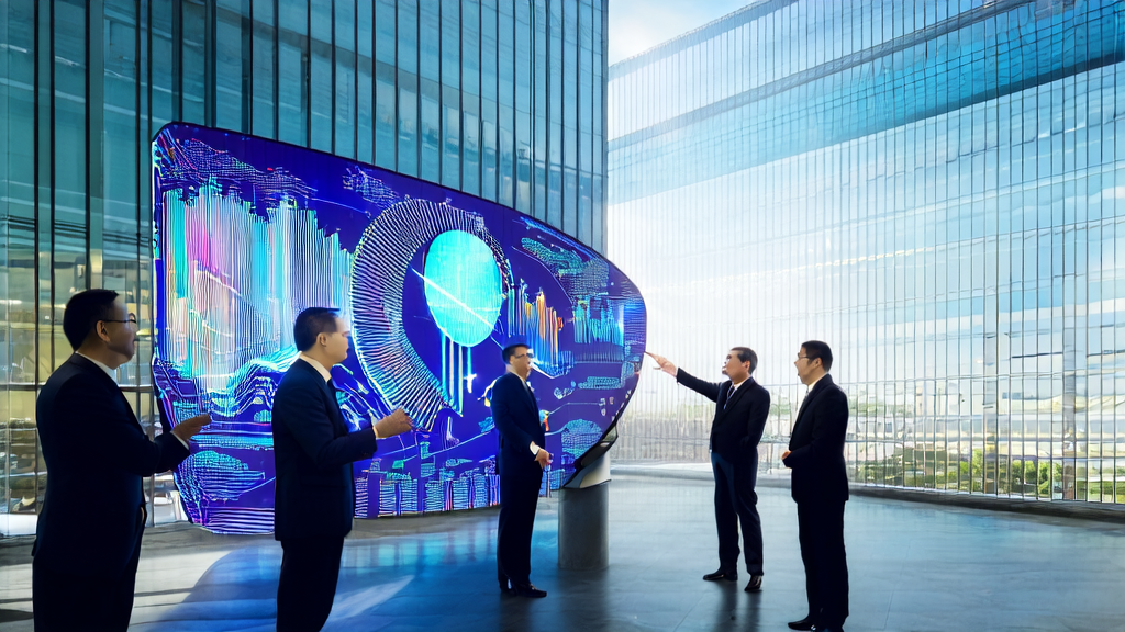 Executives discuss AI-driven customer acquisition solutions on an interactive screen in front of a modern office building with the MiniMax logo in the background.