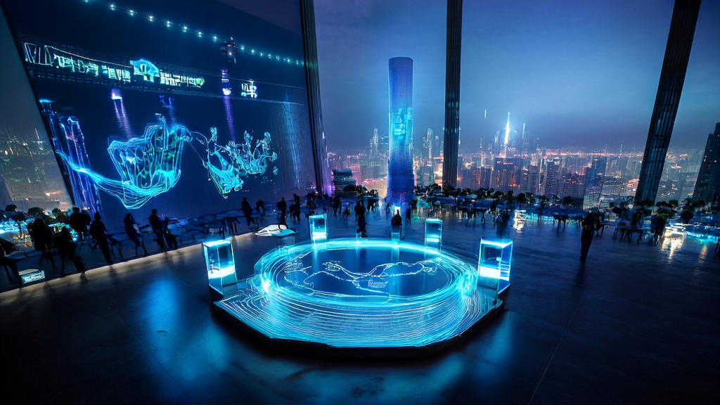 A modern office scene in a futuristic city where entrepreneurs are discussing AI-driven customer acquisition solutions