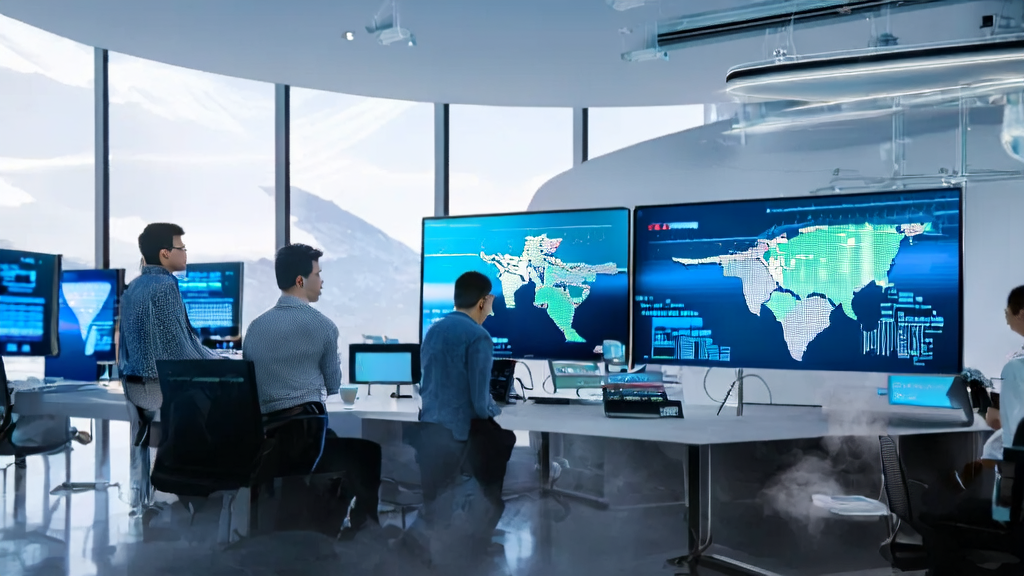 AI-driven customer acquisition solutions: innovation leads the future, showcasing professionals in a modern office using AI technology to analyze customer data.