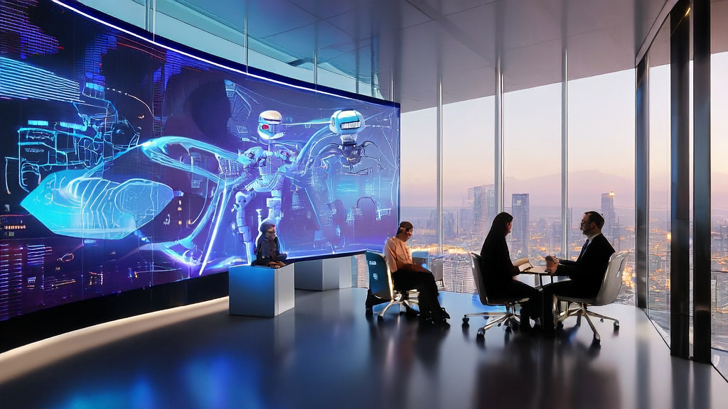 AI-driven customer acquisition solutions leading enterprise intelligence transformation: Office workers using AI technology for precise marketing and data analysis, with a bustling city view outside the window.