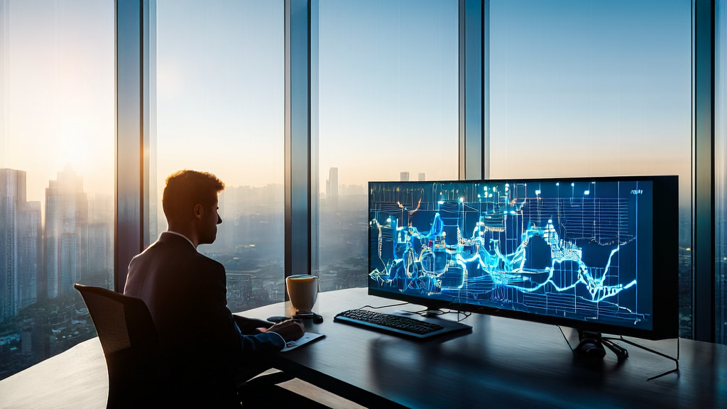 Modern office where an entrepreneur uses AI technology to optimize customer acquisition solutions