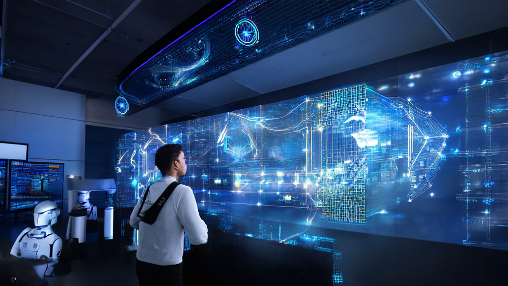 AI驱动的客户获取解决方案：多模态技术的新突破，展示现代化办公室中的高科技设备和实时数据流动图。