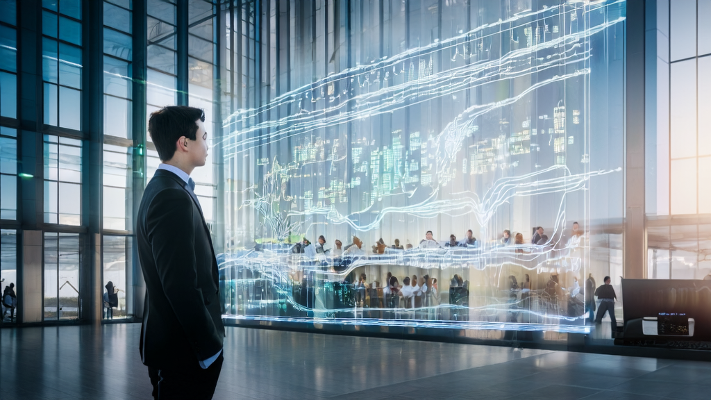 Modern office scene showcasing AI-driven customer acquisition solutions and UTCP protocol applications