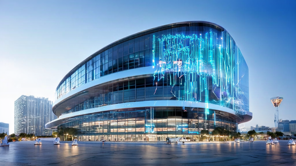 未来科技城市中的AI驱动获客策略，展示数据流、用户画像、多语言邮件模板和智能客服机器人。