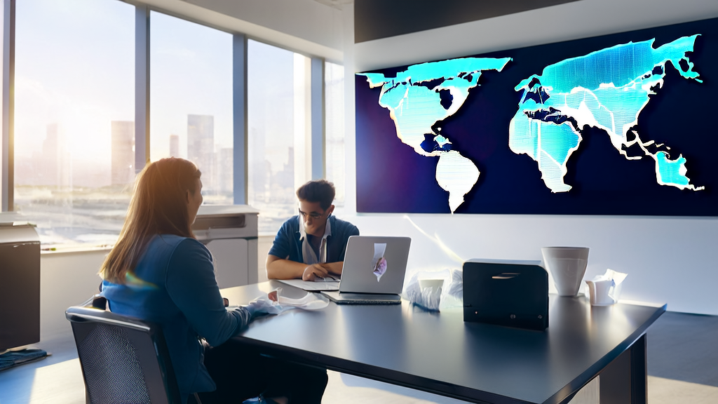 现代化办公室中团队使用AI客户预测模型进行数据分析，并通过谷歌NotebookLM生成专业PPT