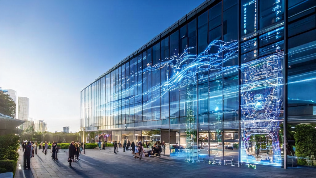 AI-driven customer acquisition strategies: Data scientists in a modern office park using AI customer prediction models for precise customer acquisition, with a backdrop of lush trees and real-time market updates on a large display.