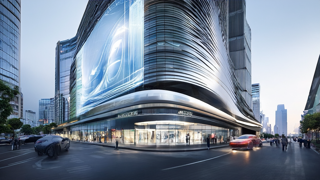A high-tech skyscraper in a futuristic city showcases AI-generated watermark-free marketing videos, attracting passersby.