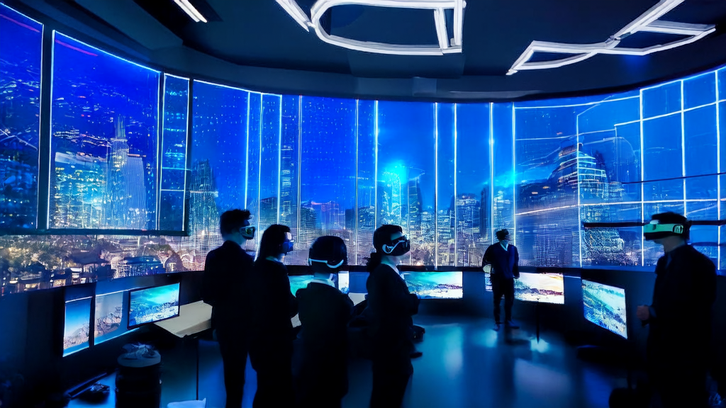 Futuristic office with employees using AI tools to process global orders, wall displaying AI artist Xania Monet's music rankings