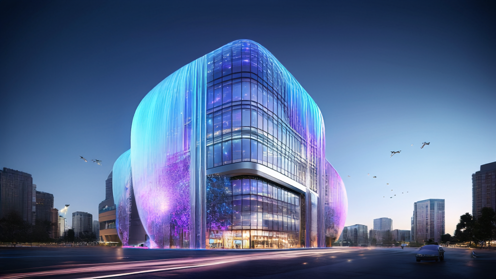 A high-tech office building in a futuristic city showcasing AI customer prediction models and cross-border commerce growth strategies