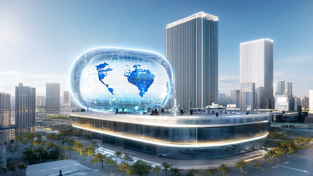 未来城市的跨境电商办公室内，员工们利用AI技术优化客户获取策略，智能无人机在外穿梭配送。