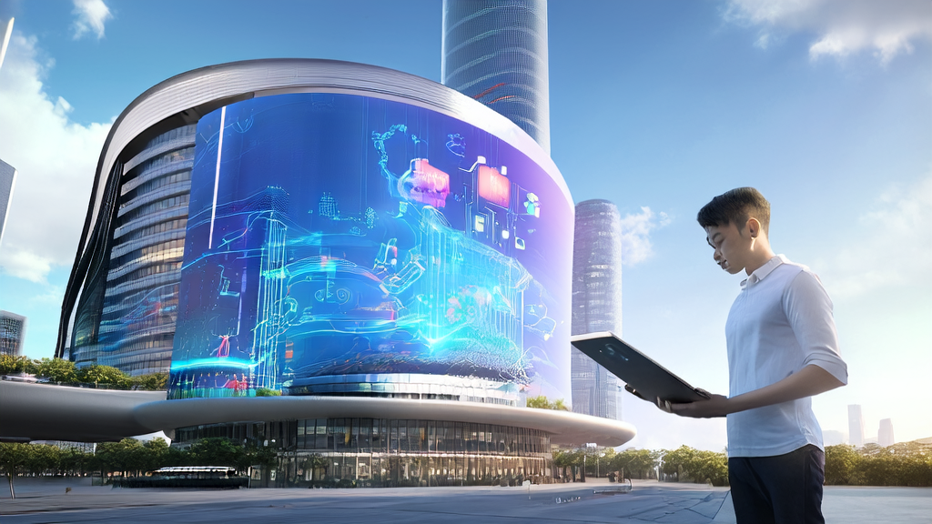 Entrepreneur in a futuristic city learning about the AI-driven customer acquisition system and its latest features