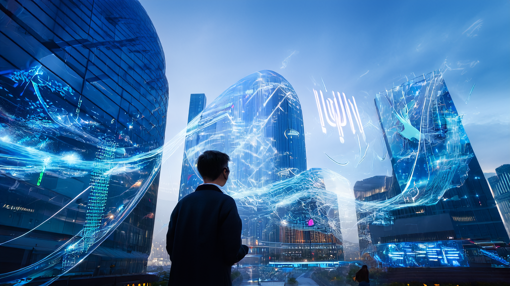A futuristic city scene showcasing the AI-driven customer acquisition system, highlighting data processing and improved customer acquisition efficiency