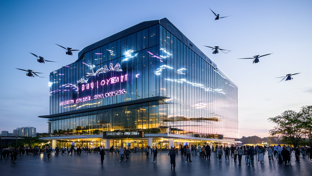 AI智能获客系统助力跨境电商提升营销效率,展示现代办公园区中的企业代表聆听阿里瓴羊AgentOne平台发布场景。