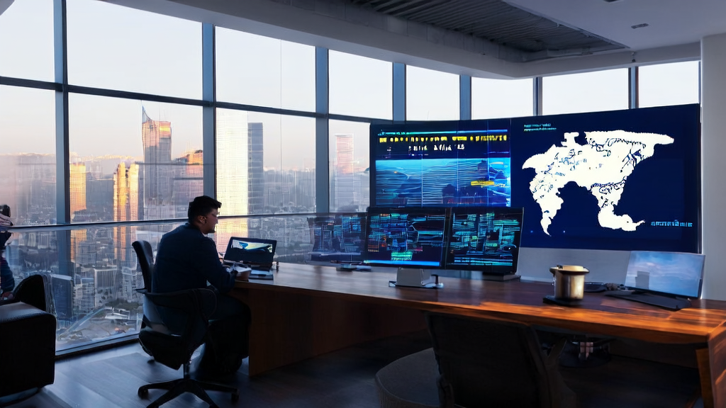 现代化办公室中展示AI智能获客系统的应用，员工正在使用AI技术优化跨境电商营销策略。