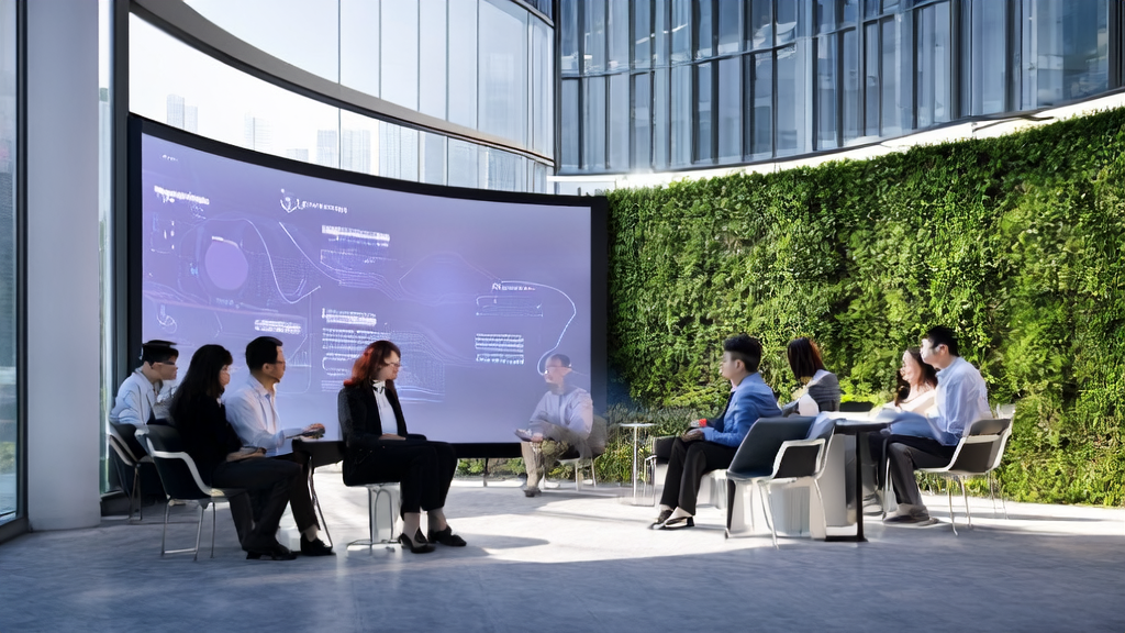 SMB owners discussing the application of AI-driven customer acquisition systems in front of a modern office building, with a large screen showcasing the Gemini2.5 model's functionality
