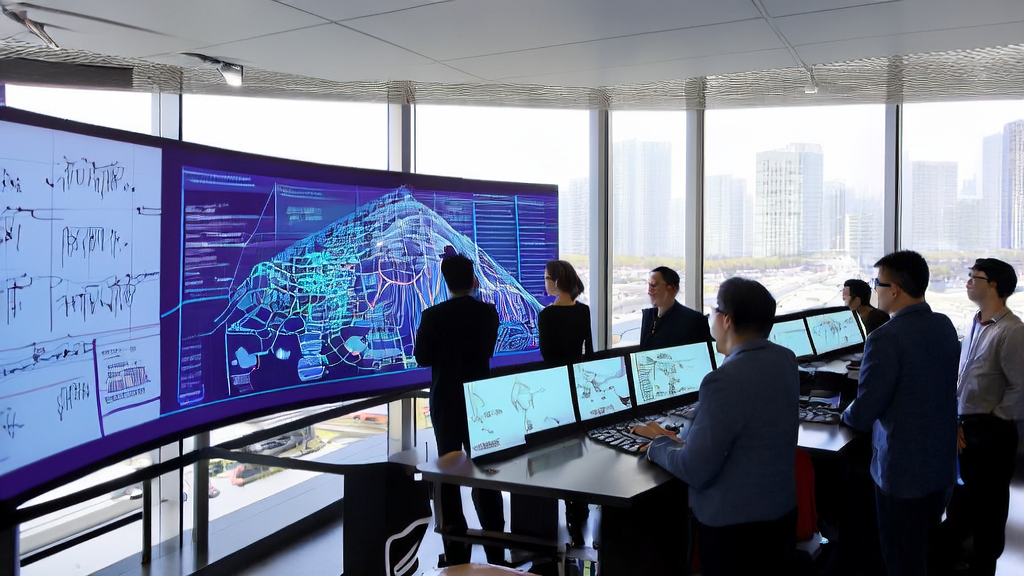 Employees in a modern office using an AI-driven customer acquisition system to analyze customer data, with a bustling cityscape in the background.