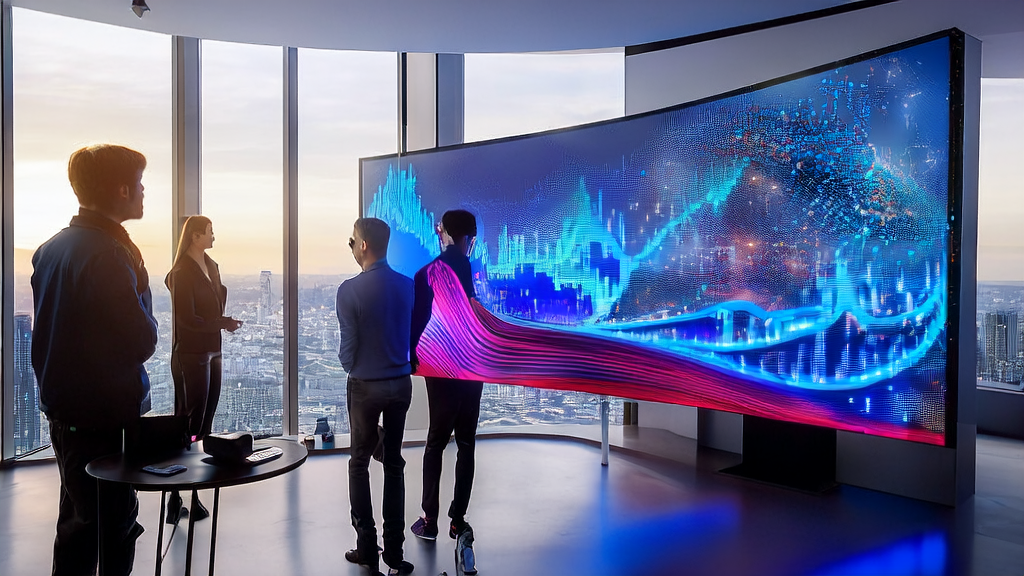 Four entrepreneurs in a modern office using AI-driven customer acquisition system to analyze customer data, showcasing their path to success