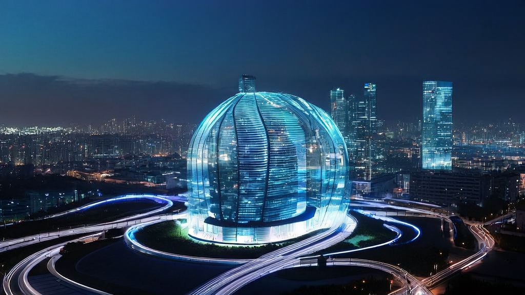 Researchers operating an AI control panel inside a transparent glass building with a futuristic city skyline in the background