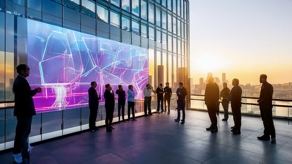 技术人员在现代化办公大楼前讨论AI驱动的客户获取解决方案，背景是壮观的城市天际线