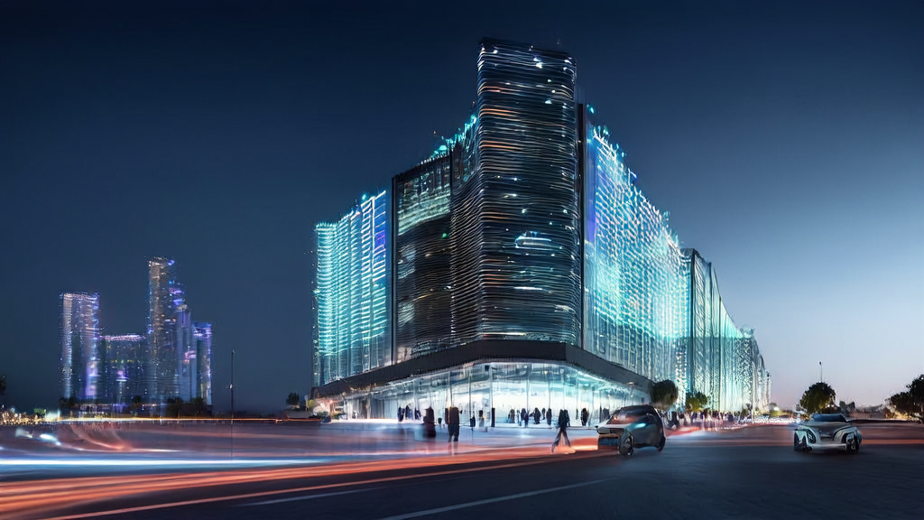 A futuristic cityscape with skyscrapers, self-driving cars, and pedestrians using VR devices, illustrating the application of AI technology in marketing