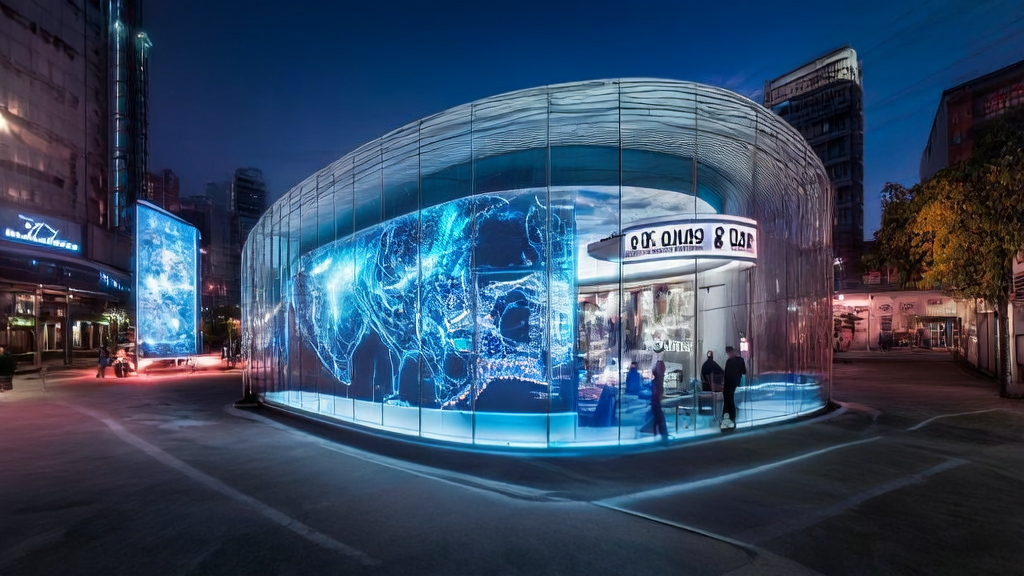 A futuristic street featuring an AI-driven customer acquisition studio and a traditional photo booth, showcasing the application of AI technology in cross-border e-commerce