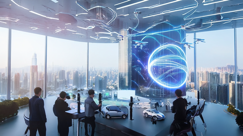 Entrepreneurs discussing AI customer prediction models and Seedance 1.5 Pro in a futuristic cityscape