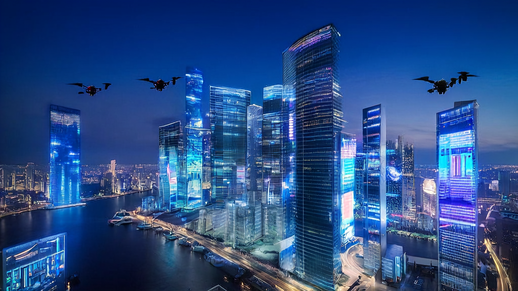 未来城市的现代化办公楼中，AI助手正在高效处理全球数据，展示AI驱动的客户获取解决方案。