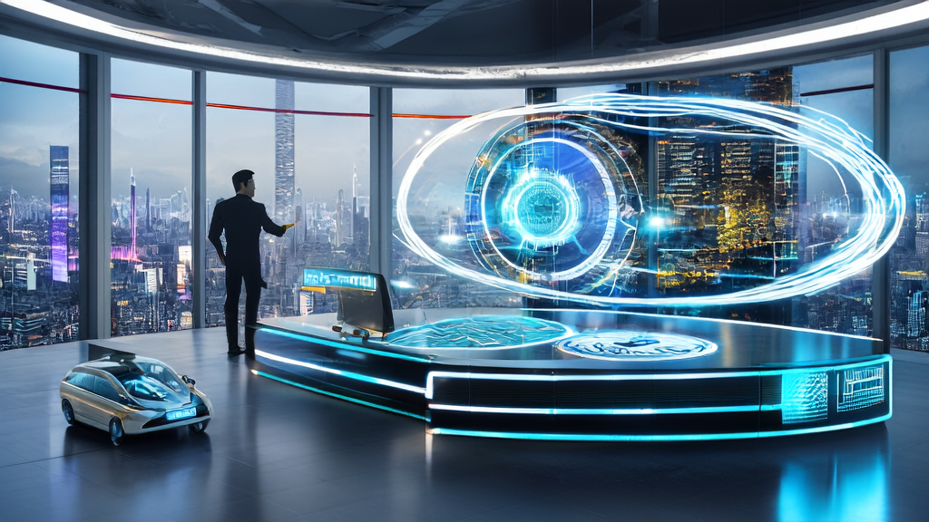 未来办公室中的年轻创业者使用AI客户预测模型和自动化营销工具进行全球客户获取