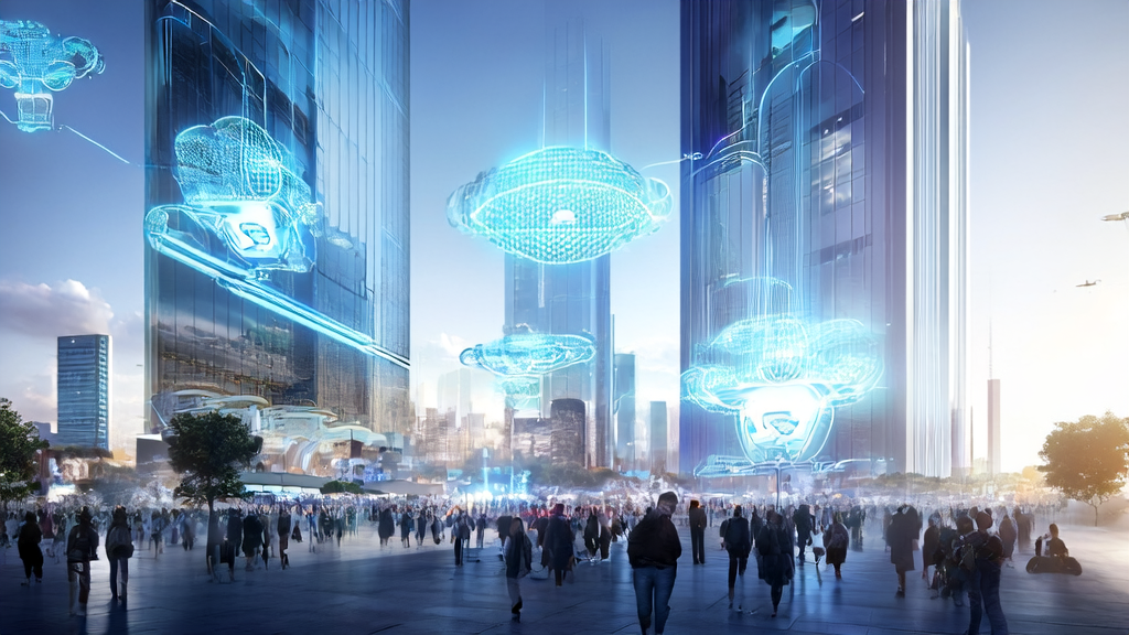 In the futuristic cityscape, people interact with AI assistants via smart devices, showcasing the new trends in AI-driven customer acquisition.