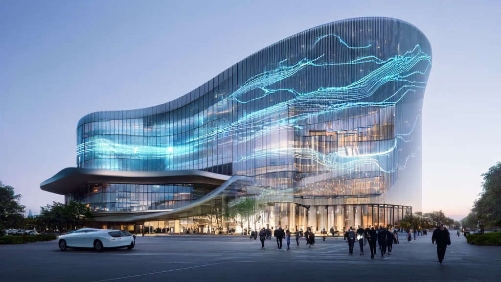 未来城市中的企业总部大楼，展示最新的AI驱动客户获取解决方案