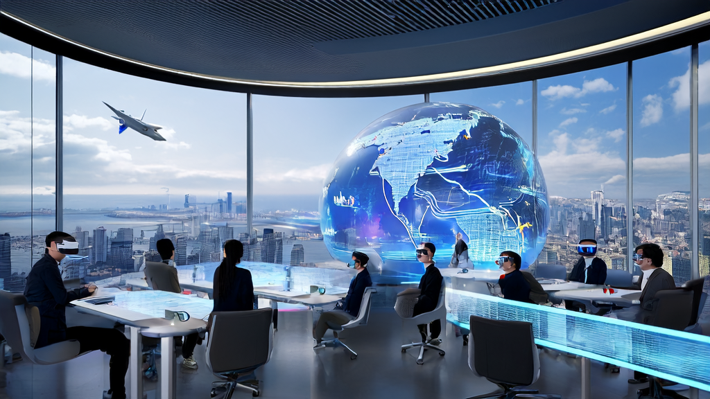 未来办公室内,年轻创业者们使用AI技术优化广告投放和客户获取策略