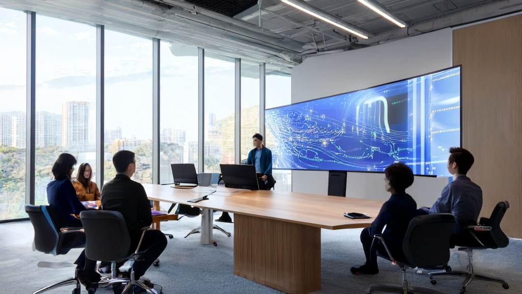 A team in a modern office discussing the Minimax Hailuo AI's first and last frame technology and its application in customer acquisition
