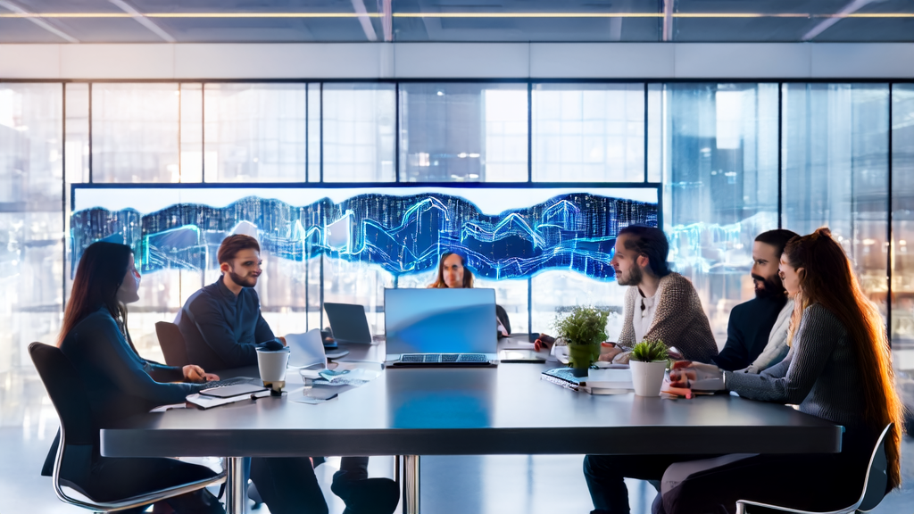 In a modern office, entrepreneurs use AI customer prediction models and intelligent agent platforms for customer acquisition, with sunlight streaming through large windows into a tech-savvy space.