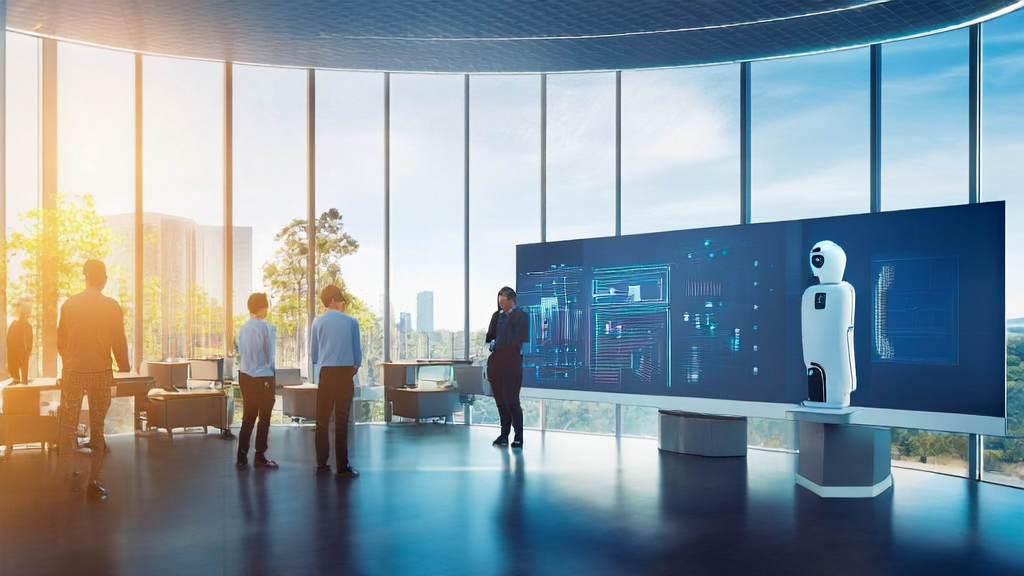 智能机器人AutoGLM 2.0在阳光照耀下的现代办公室中自动处理客户获取任务