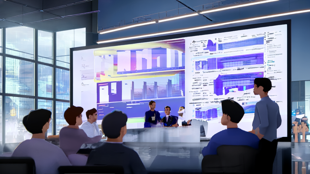A group of developers working on AI-driven customer acquisition solutions using CrewAI in a modern office building
