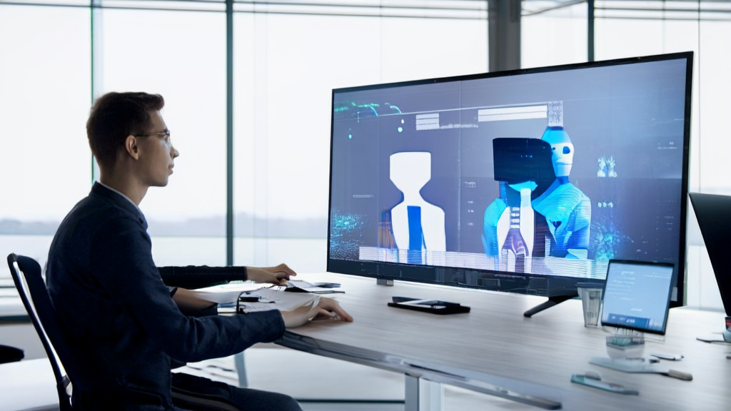 Modern office scene where a young entrepreneur uses HeyGen's UGC advertising digital human to create product introduction videos