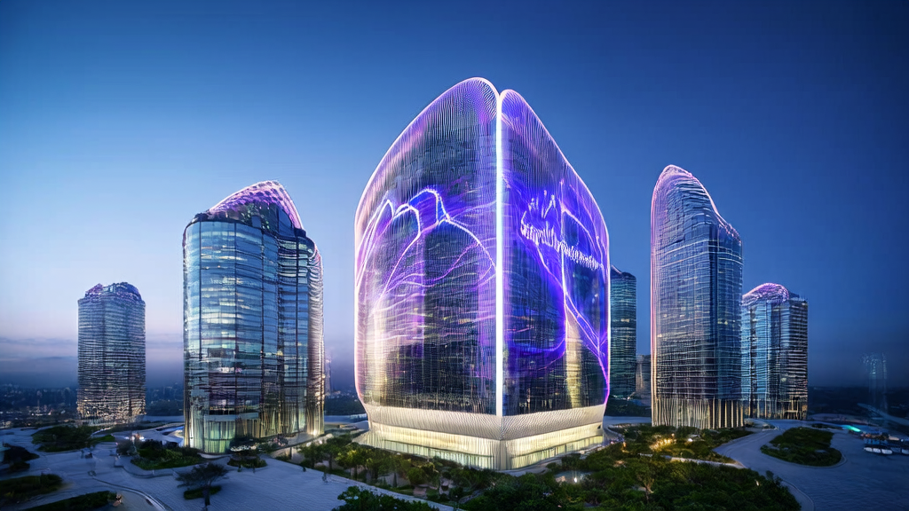 未来城市的智能营销中心，由阿里“千问”模型驱动，展示数据流和绿色植物