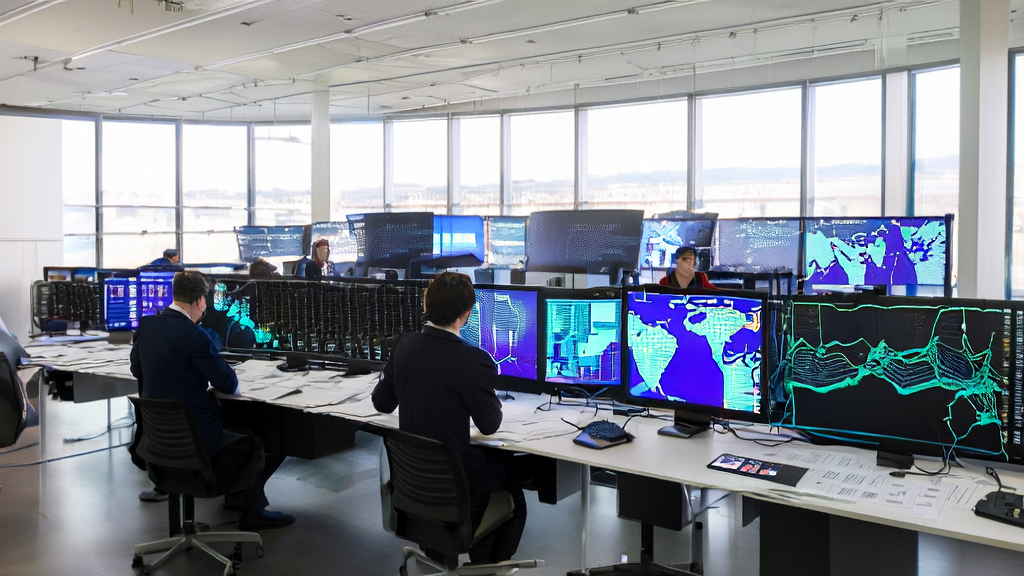 AI-driven customer data acquisition and cleaning service, showcasing a modern office environment where technicians use AI algorithms to process customer data.