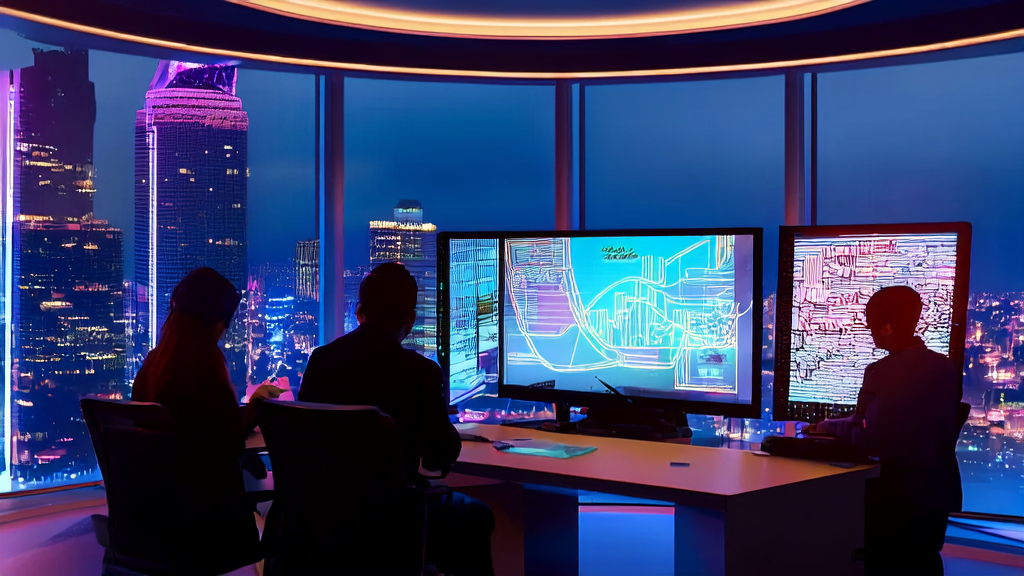 Engineers discussing AI-driven customer data cleaning in a futuristic office