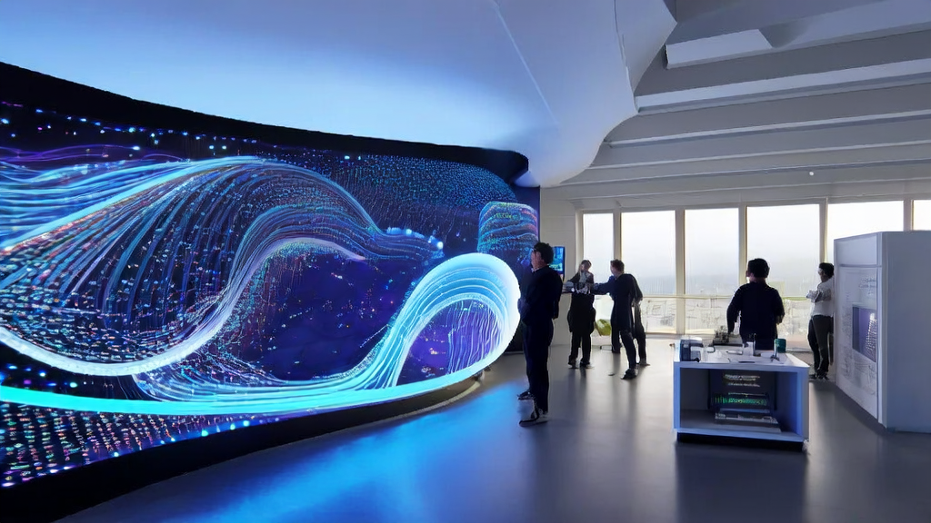Modern office where technicians use Seaweed APT2 for real-time interactive AI video generation and customer data cleaning