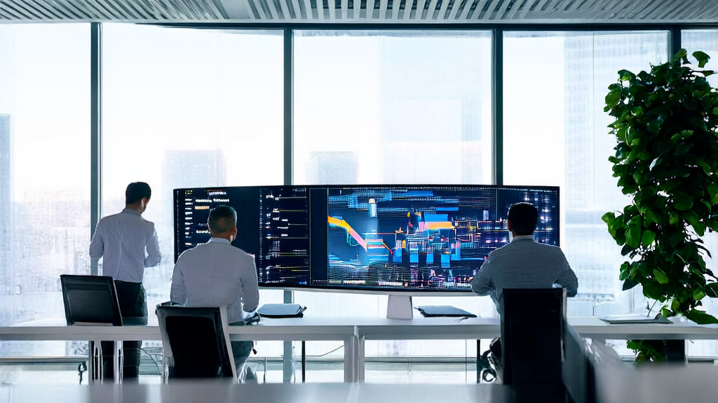 Office workers using AI technology for customer data cleaning in a modern office environment