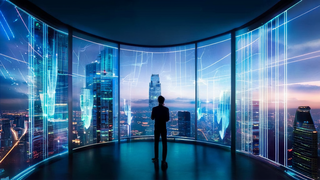 In a futuristic smart office, a data analyst monitors real-time customer data streams through a transparent screen, with an AI assistant processing information in the background for precise marketing.