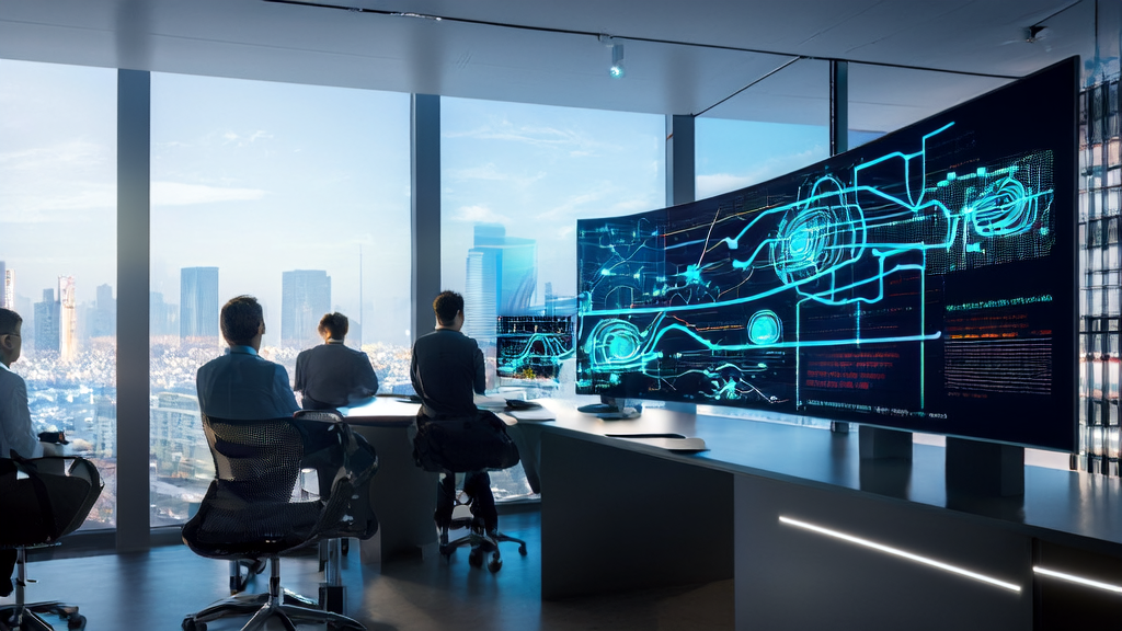 Modern office scene utilizing AI technology for customer data collection and cleaning