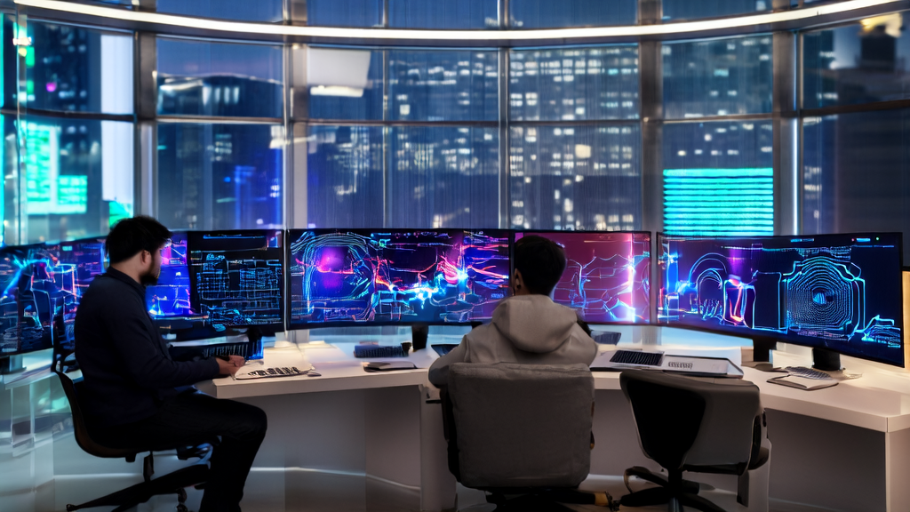 Shows a modern office where a programmer is using AI technology for customer data collection and cleaning